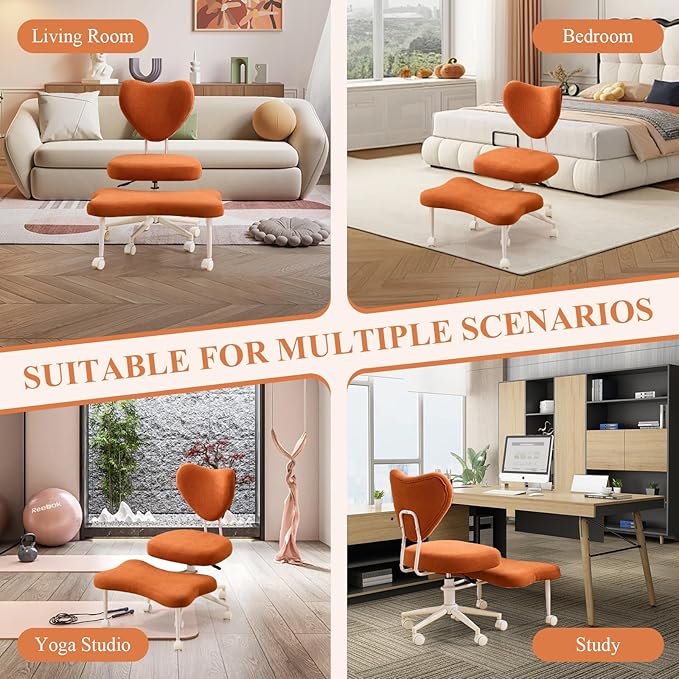 Sudwesto Ergonomic Cross Legged Chair, Corduroy 360° Upholstered Swivel Meditation Chair with Wheels, Comfy Criss Cross Desk Chair for ADHD with Height-Adjustable for Office (Orange - Corduroy)