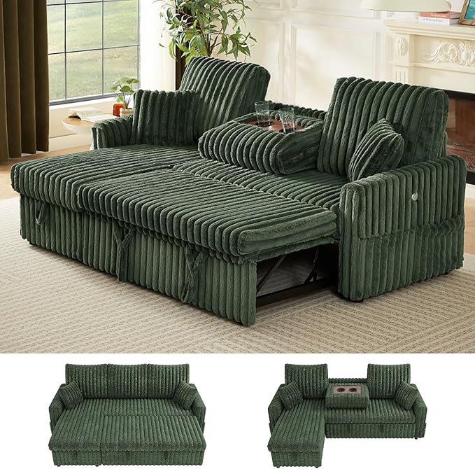 Sleeper Sofa Bed, 81” Pull Out Couch Bed with Reversible Storage Chaise, 3 in 1 L-Shaped Couch with Charging Station, Cup Holder, Side Pocket, Plush Corduroy Couches for Living Room(Green)