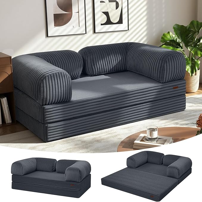 COMAX Futon Sofa Bed, 4-in-1 Floor Foldable Sofa Couch Bed Queen with L-Shaped Armrests, Convertible Folding Chair Bed Sleeper Mattress Fold Out Comfy Lounge for Living Room Bedroom, Faux Fur Ash Gray