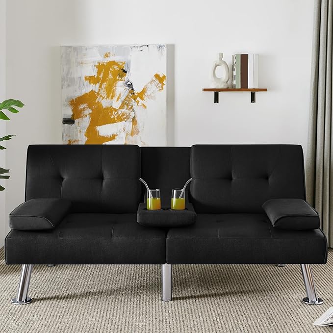 Yaheetech Convertible Sofa Bed Adjustable Fabric Couch Sleeper Modern Recliner Reversible Loveseat Folding Daybed Guest Bed, Removable Armrests, Cup Holders, 3 Angles, 772lb Capacity, Black