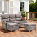 3PCS Patio Furniture Sofa Set with 6" Thick Cushions, High Back Wicker Sectional Outdoor Sofa with Ottomans, Outdoor Seating Furniture High Back Conversation Set for Balcony Deck Porch Backyard, Grey