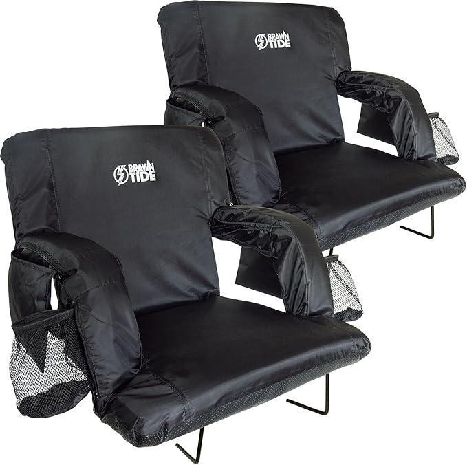 BRAWNTIDE Stadium Seat with Back Support - Comfy Cushion, Thick Padding, 2 Steel Bleacher Hooks, 4 Pockets, 2 Cup Holders, Reclining Back, Ideal Chair for Sport Events, Beaches, Camping, Concerts