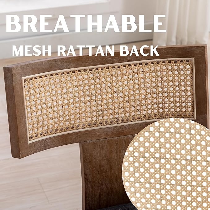 RIVOVA Rattan Dining Chairs Set of 4, Modern Fabric Upholstered Kitchen Chairs, Wooden Dining Room Chair Farmhouse Dinner Chair, Charcoal