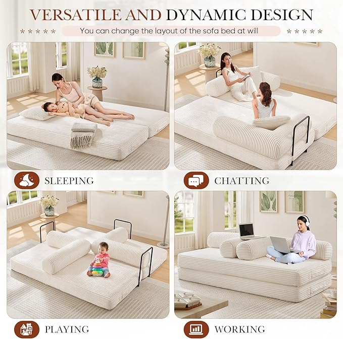 Modular Couch Bed, Convertible Folding Plush Corduroy Comfy Floor Memory Foam Compression Loveseat Sleeper Sofa Couch, King Size Bed for Guest Room Living Room Bedroom, No Assembly Required, Beige