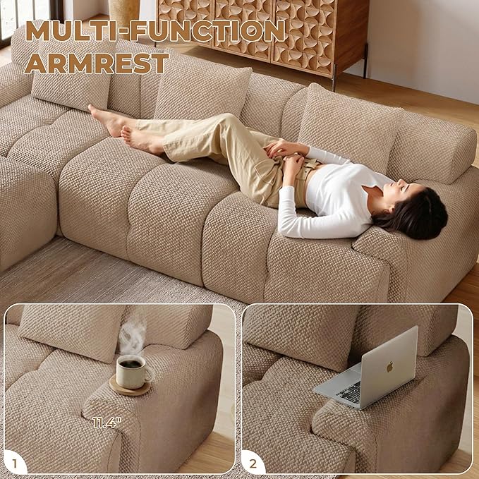 135" Modern L Shaped Modular Sectional Sofa, 6 Seater Convertible Chenille Cloud Couch Sofa Set, Boneless Couches for Living Room with Ottoman, No Assembly Required, Brown