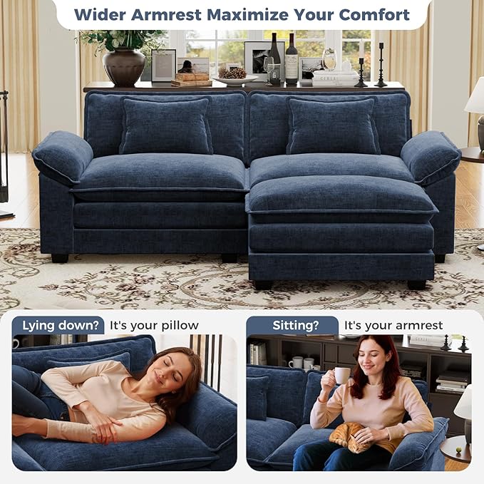CDCASA 86" Modular Sectional Sofa, Comfy L-Shaped Cloud Couch with Movable Ottoman, 3-Seater Chenille Deep Seat Modern Sofa Couch for Living Room, DIY Combination, Blue