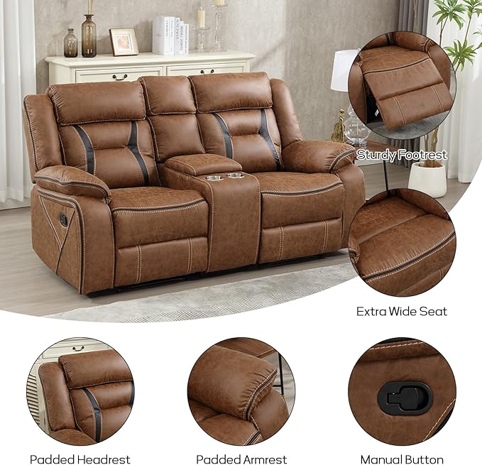EBELLO Manual Recliner Sofa Set, Faux Leather Reclining Living Room Furniture Set, Included Single Recliner Chair and Manual Loveseat Sofa, Brown
