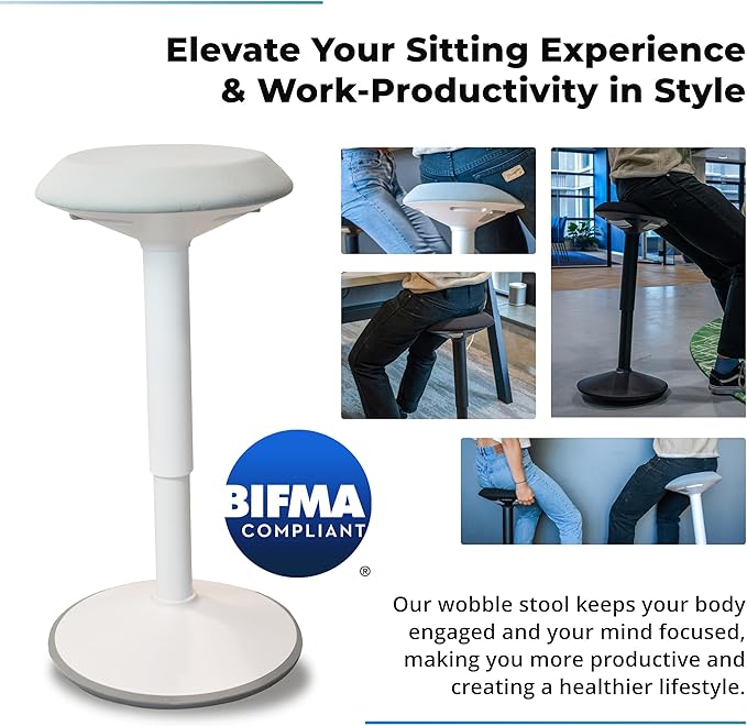 Standing Desk Stool Chair, Height Adjustable 16-24 inch for Office and Classroom, Swivel Base, Anti-Slip Bottom Ergonomic Wobble Stool with Rocking Motion, White