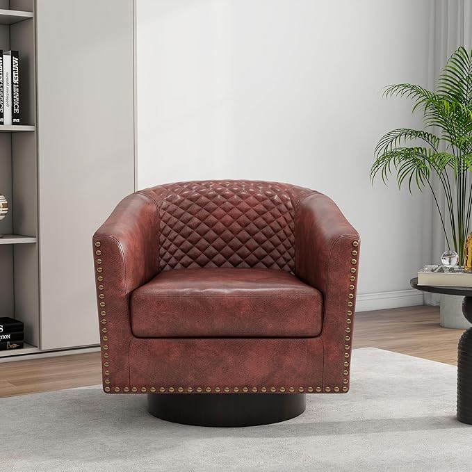 DREAMSIDEA Swivel Barrel Accent Chair, Comfy Modern Upholstered Round Faux Leather Arm Chair for Living Room