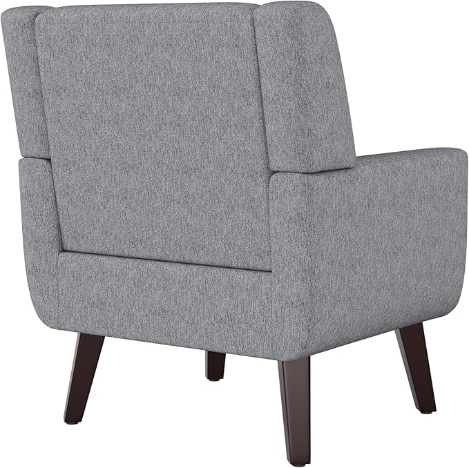 Accent Chairs, Mid-Century Modern Upholstered Living Room Armchair, Comfy Oversized Linen Fabric Single Reading Arm Chair with Tufted Back and Wood Legs for Bedroom, Club (1, Grey)