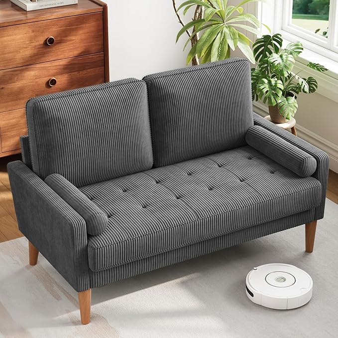 Loveseat Sofa with Solid Wood Legs,48" Small Corduroy Couches for Small Spaces, Mid Century Modern Love Seat for Living Room, Bedroom, Easy Assembly with Throw Pillow, Grey