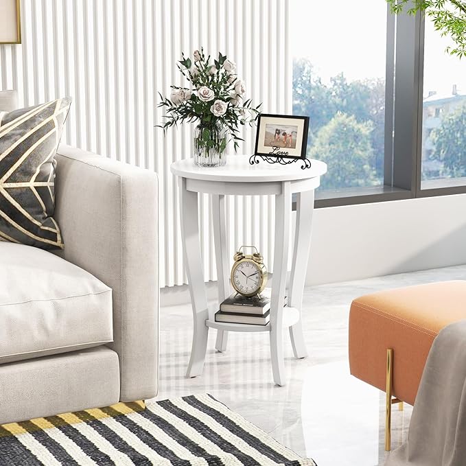 GOFLAME 2-Tier Round End Table Set of 2, 18” Sofa Side Table with Storage Shelf, Floor Tea Table with Solid Wood Legs, Compact Nightstand for Small Space, Living Room, Bedroom, White