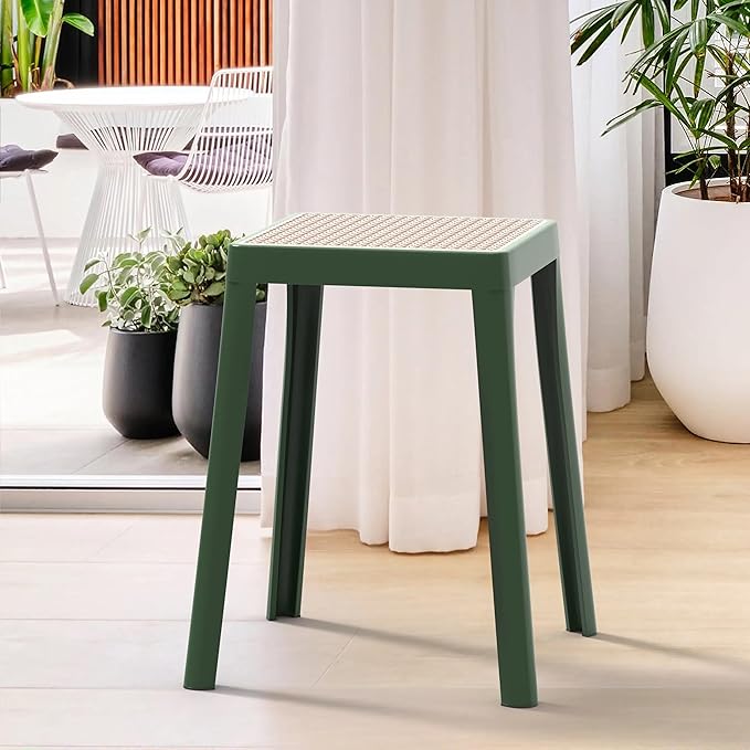 LeisureMod Tresse Mid-Century Modern Square Plastic Dining Stool Set of 2, Stackable Accent Stools with Breathable Seat, Lightweight Seating for Kitchen, Dining Room, Bedroom, or Entryway (Grey)