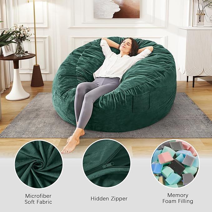 Bean Bag Chairs for Adults - Giant Bean Bag Chair Convertible Bean Bag Bed - Beanbag Chair with Micro Fiber Cover/Furniture Foam Filler - Floor Couch Sofa in Bedroom Dorm Room - Queen Green