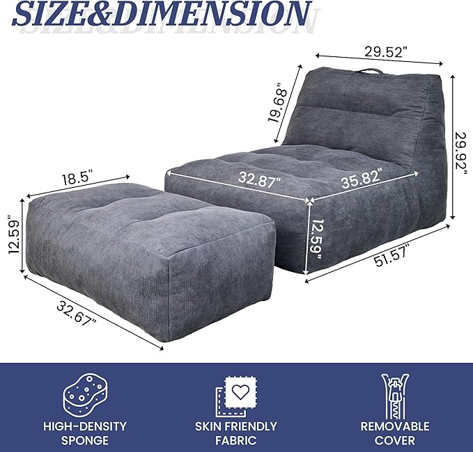 Bean Bag Chair with Ottoman, Giant Bean Bag Chairs for Adults with Memory Foam, Comfy Bean Bag Sofa for Bedroom, Lounge Beanbag of Reading and Gaming with Filler Included (Grey)