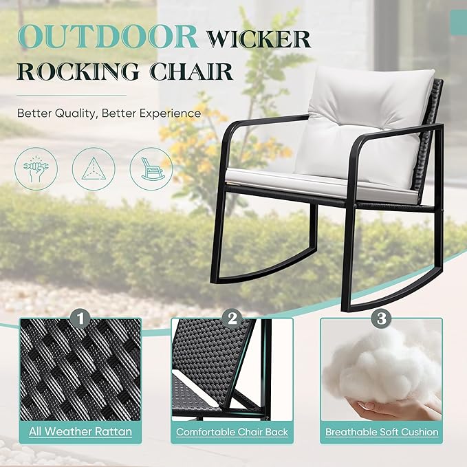 Greesum 3 Pieces Rocking Wicker Bistro Set, Patio Outdoor Furniture Conversation Sets with Porch Chairs and Glass Coffee Table, Beige