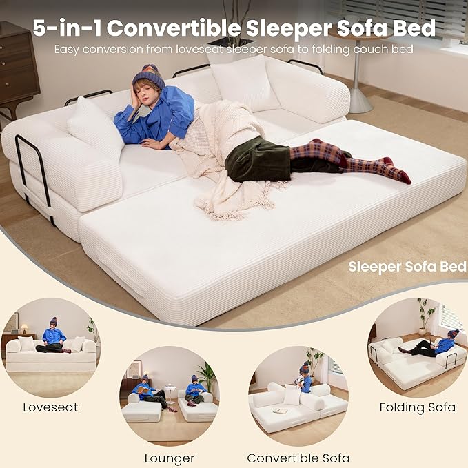 79" Convertible Sofa Bed, Boneless Corduroy Sleeper Foldable Modular Couch, Memory Foam Compressed Sofa in A Box, Folding Mattress Floor Couch for Small Space Living Room Apartment Bedroom, White