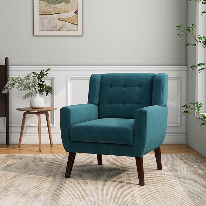 Accent Chair, Mid-Century Modern Velvet Fabric Chairs with Arms for Living Room, Comfy Upholstered Club Single Sofa Armchair for Bedroom Waiting Room with Solid Wood Frame (Velvet Blue, Set of 2)