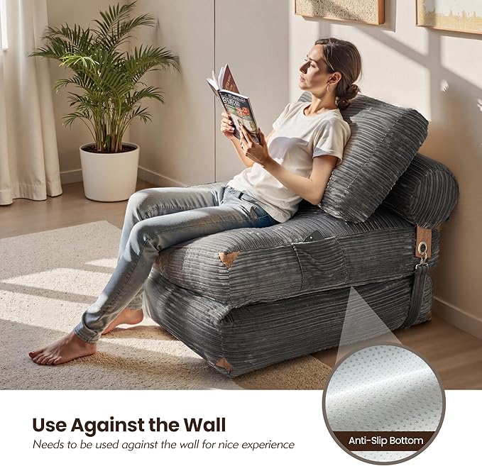 ovios Folding Sofa Bed, Foldable Sleeper Chair Floor Futon, Comfy Portable Convertible Fold Out Lounge Chairs for Living Room Bedroom, Grey