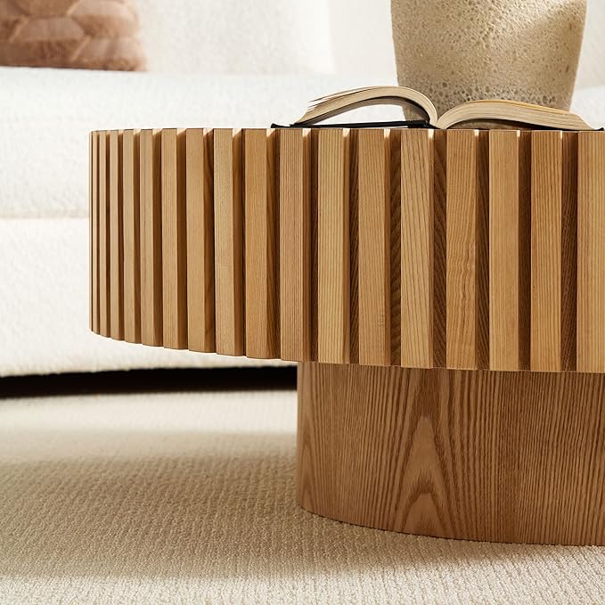35.43''/90CM Modern Drum Coffee Table, Luxury Circle Wood Coffee Table for Apartment,Small Space (Original Wood(Oak), Ø35.43 x 13.77 Sintered Stone Tabletop)