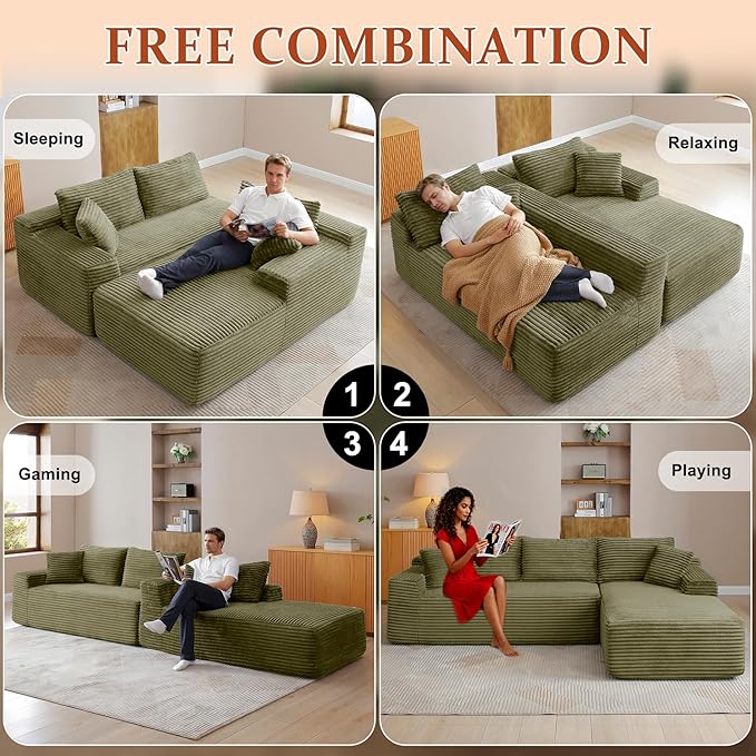 HYJT-H&K Modular Sectional Sofa Cloud Sectional Couch, 95" Comfy Fluffy L Shaped Green Couches for Living Room, Deep Seat Memory Foam Plush Corduroy Boneless Couch Sectionals Right Facing Chaise Sofa
