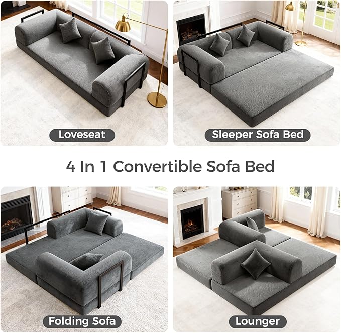 HipyMo 4-in-1 Folding Convertible Sofa Bed, 78 Inch Boneless Couch with Fixed-Shape Frame, Loveseat Sleeper with Pull Out Bed, Floor Sofa Modular Futon Couch for Living Room Bedroom Lounge (Gray)