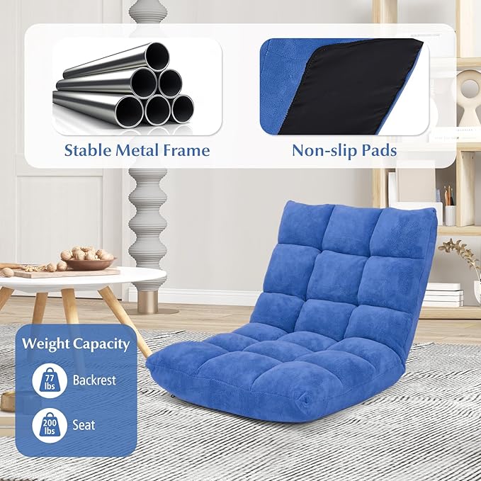ARLIME Adjustable Floor Chair, 14-Position Lazy Sofa Chair with Back Support & Thick Padding, Portable Foldable Floor Couch for Adults, Kids, Use in Bedroom, Living Room, Home Theater (Blue)