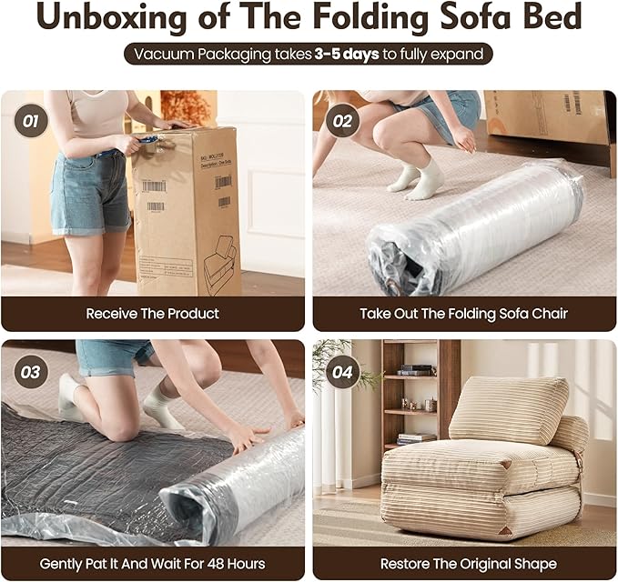 ovios Folding Sofa Bed, Foldable Sleeper Chair Floor Futon, Comfy Portable Convertible Fold Out Lounge Chairs for Living Room Bedroom, Beige