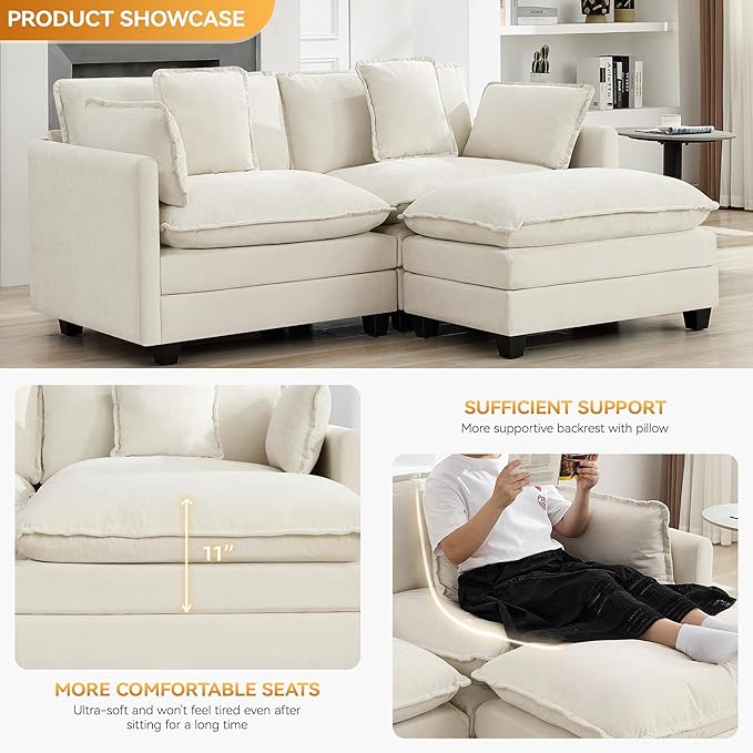 76'' Cloud Deep Seat Loveseat Sofa, Chenille Modular 2-Seat Sectional Couch with Movable Ottoman, Modern Comfy Settee Couches for Living Room & Small Apartment, Beige