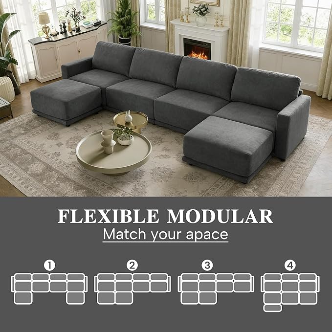 CAPCAPA 146" Modular Sectional Couches for Living Room, U-Shaped Modern Sofa with Ottomans, 6-Piece Chenille Sofa Set for Home Furniture, Dark Grey