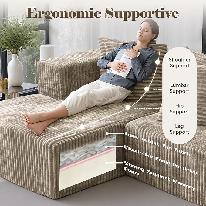 130'' U Shaped Couched for Living Room, Cloud Modular Sectional Couch with 2 Chaise Lounge, Modern Minimalist Upholstered Sofa Sleeper Deep Seat Corner Couch, No Assembly Required Light Coffee