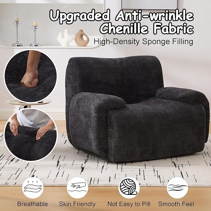 Boneless Chair, 42" W Oversized Single Sofa Chair for Living Room, Chenille Cloud Comfy Chairs, Foam Couch Armchair for Bedroom, Apartment, Office. Reading, No Assembly(Black)