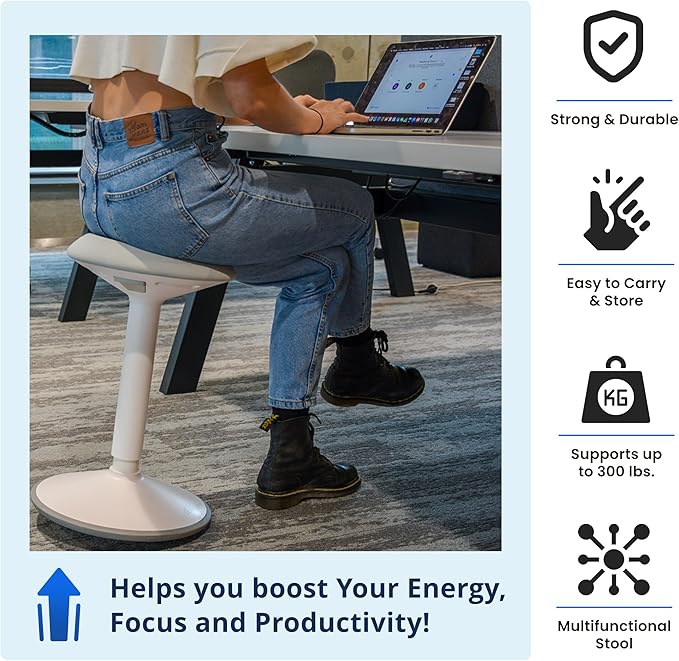 Standing Desk Stool Chair, Height Adjustable 16-24 inch for Office and Classroom, Swivel Base, Anti-Slip Bottom Ergonomic Wobble Stool with Rocking Motion, White