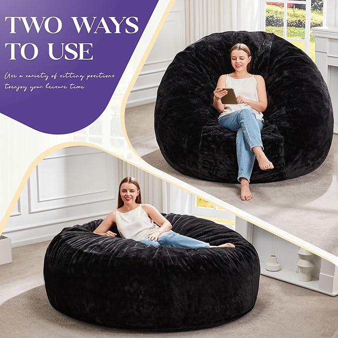 Hobestluk Bean Bag Chairs Giant Beanbag Chair with Filler, Memory Foam Bean Bags with Fluffy & Machine Washable Cover, Bean Bag Chairs for Aduts for Living Room, Bedroom (BLACK, 6FT - 70" x 70" x 15")