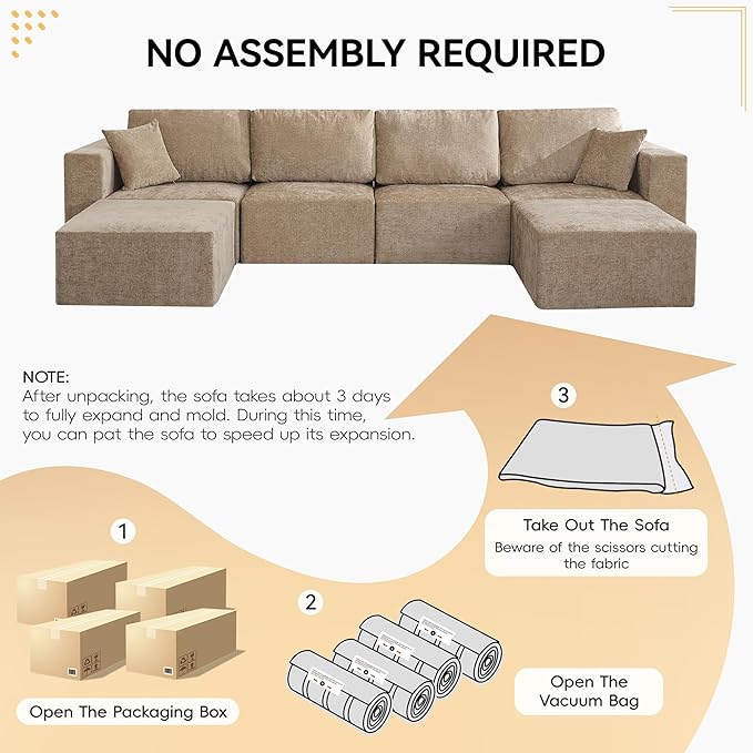 146'' Oversized Boneless Sofa, 4 Seater Modular Sectional Couch with 2 Movealbe Ottoman, U Shaped Chenille Convertible Sleeper Sofa with Chaise for Living Room, Camel
