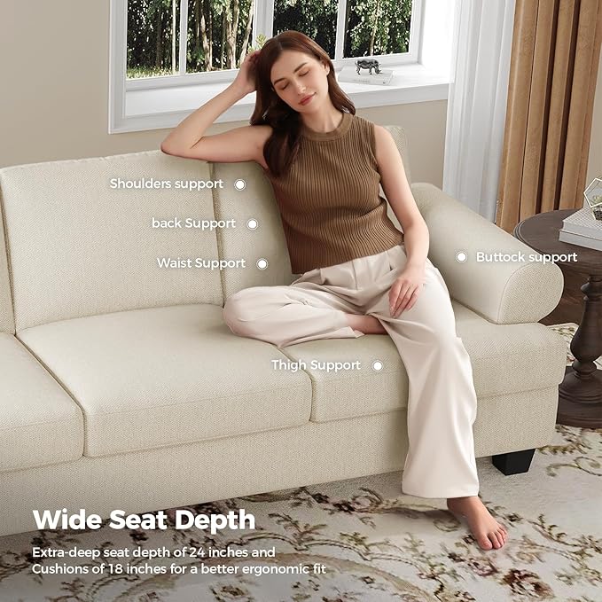 COPIAE 91 Inch Lawson Sofa with Extra Deep Seats Oversize, Mid-Century 3-Seat Sofa Couch, for Living Room, Apartment, Lounge, White