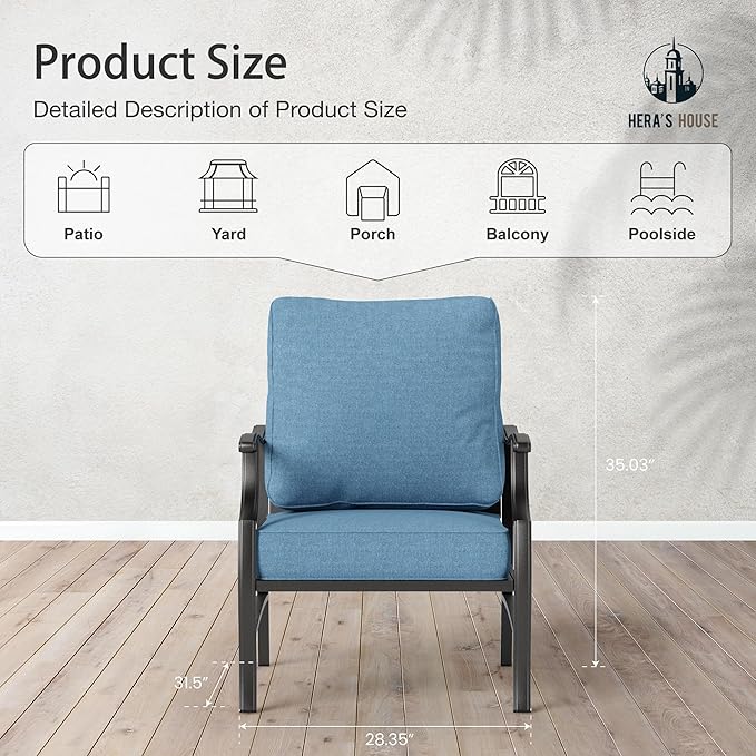 HERA'S HOUSE Outdoor Chairs Set of 2, 2 x Patio Chair with Navy Blue Cushions, All Weather Outdoor Furniture for Lawn Garden Backyard Deck(Leg Chairs)
