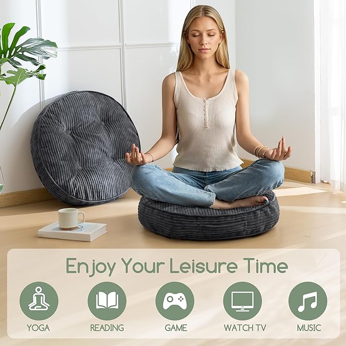 Washable Floor Pillow Cushion for Adults, Meditation Cushion Pillow, Large Round Floor Sitting, Removable Tufted Corduroy Cover, for Tatami Living Room or Yoga, 22x22 Inch, 2Pack, Machine Washable