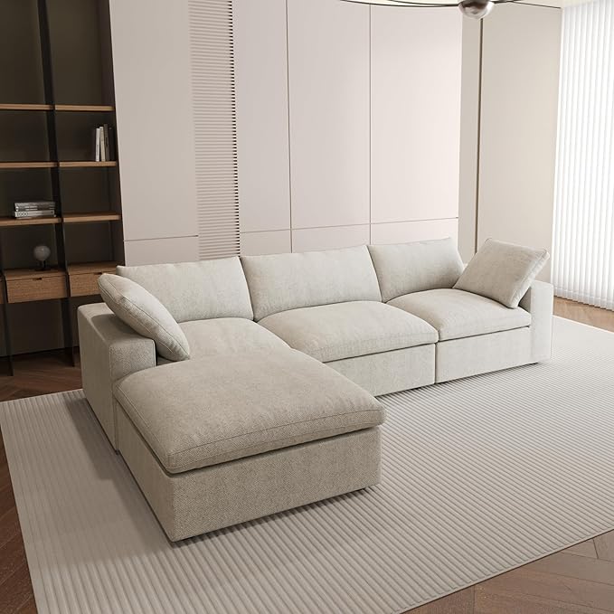 120.45" Cloud Modular Sectional Sofa with Storage Ottoman, L Shaped Minimalist Convertible Couch Deep Seat Sofa for Living Room Sofa Sets-Khaki