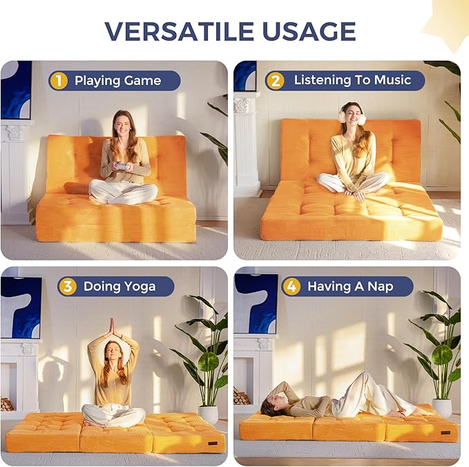 MAXYOYO Tri-Fold Mattress, 6 Inch Tufted Folding Futon Foam Bed, Foldable Floor Mattress Guest Bed Futon Topper Portable Camping Sleeping with Corded Fabric, Orange, 53"x75"