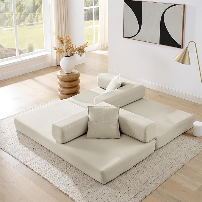 Antetek Convertible Futon Sofa Bed, 3 Seater Modern Corduroy Foam Floor King Size Bed Fold Out Sleeper Lounge Loveseat Sofa Couch with 2 Throw Pillows for Living Room Bedroom Guest Room, Beige