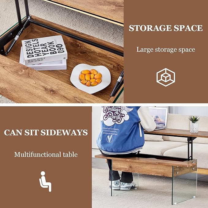 HanStrong 43.3" Lift-Top Coffee Table with Storage,Marble & Tempered Glass Space-Saving for Living Room,Office,Natural