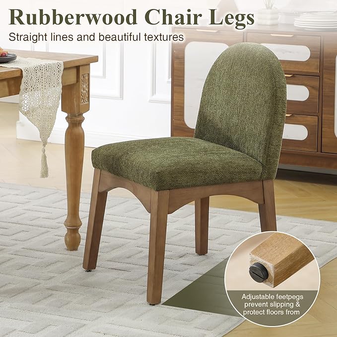 HNY Mid Century Modern Dining Chairs Set of 2, Chenille Upholstered Dining Room Chairs Armless Kitchen Chairs with Solid Rubberwood Legs, Accent Side Chairs for Living Room, Green