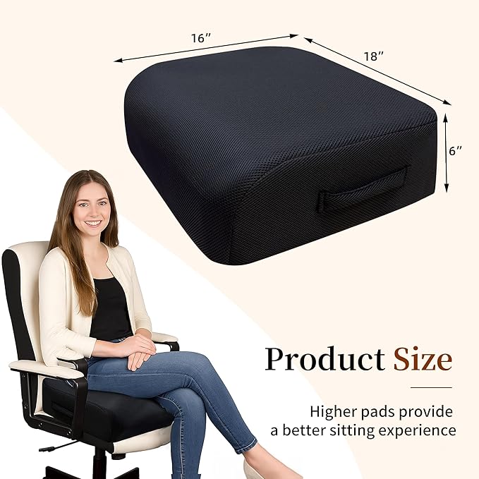 Acxseo 6" Extra Thick Memory Foam Office Chair Cushion – 2-Layer Booster Seat for Back & Tailbone Pain Relief, 18 x 16 x 6in Non-Slip Cushion with Carry Handle for Wheelchair, Car, and Airplane