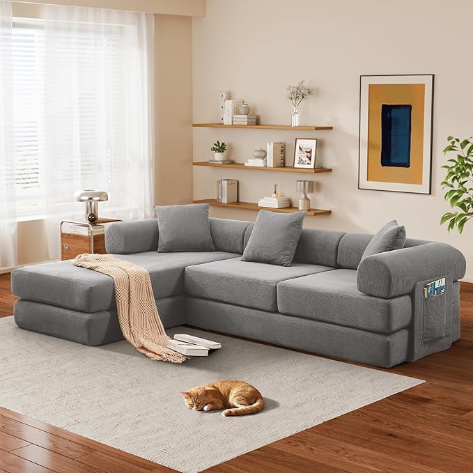 L Shaped Convertible Modular Sofa Bed with Cylindrical Pillow & Reversible Chaise, Corduroy Folding Floor Sofa Couch Bed with Fixed-Shape Frame & Storage Pocket for Living Room, Grey