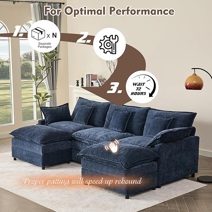 GOSUHI 108" U Shaped Couch, Modular Sectional Sofa, 3-Seater Comfy Cloud Couch with Movable Ottoman, Deep Seat Couches for Living Room, Chenille, Navy