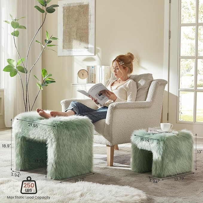 Ottoman Set of 2 Small Footstool Ottoman Vanity Stool Chair Faux Fur Seating Backless Modern Foot Rest Furry for Makeup Room Living Room Bedroom Entryway,Green(2-in-1)