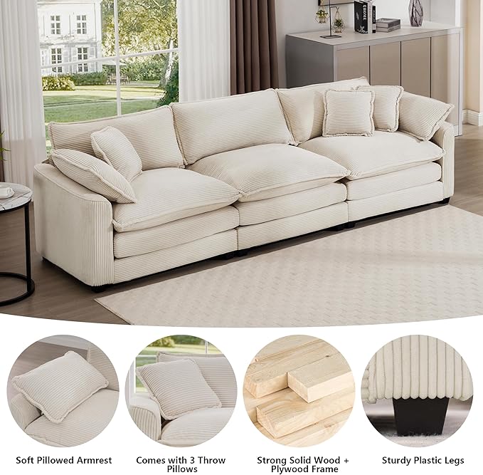 Aoowow Corduroy 3 Seater Sofa Couch,Modern Large Cloud Couches for Living Room,Modular Sectional Cloud Sofas with Deep Seat,Oversized Tufted 3 Seat Sofa Set. (Beige, 3 Seater)
