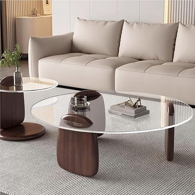 EASYSOUL Modern Round Coffee Table with Glass Top, 27.56" D x 27.56" W x 14.69" H, Circular Tea Tables for Living Room Home Office Industrial Cocktail Tables (Walunt-Clear Glass/27.56")