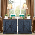 Barnyatoh Farmhouse End Table with Charging Station,24" Large Side Table with Barn Door, Wood Square Nightstand Bedside Table with Adjustable Storage Shelf for Living Room, Bedroom,Navy Blue 2-Pack